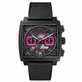 Black sport chronograph watch with pink accents and fabric strap on white background