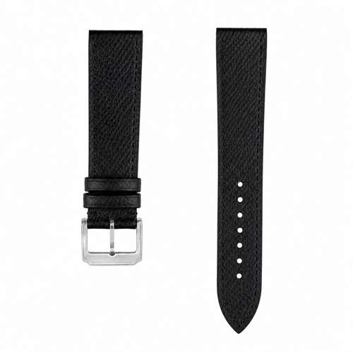 Black leather watch strap with silver buckle on white background