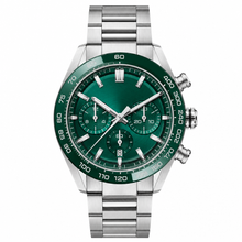 Sport Chronograph Watch with Green Dial and Silver Steel Band