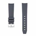 20mm gray rubber watch strap with silver metal buckle on white background