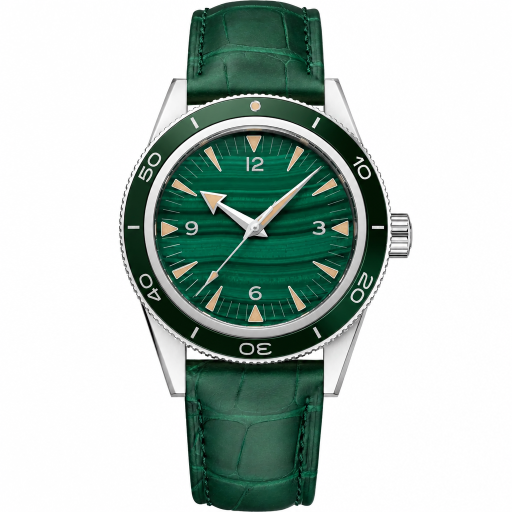 Dress watch with green dial and green leather strap, 41mm case size.