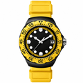 Sport watch with black dial, yellow bezel, and yellow rubber strap