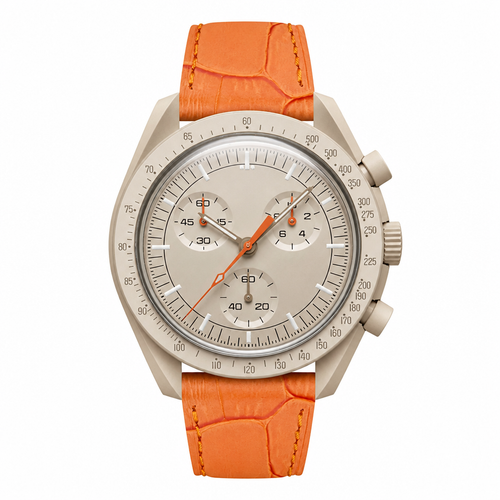 Beige chronograph watch with orange leather strap