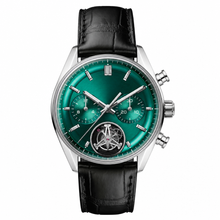 Chronograph Watch with Green Dial and Black Leather Strap