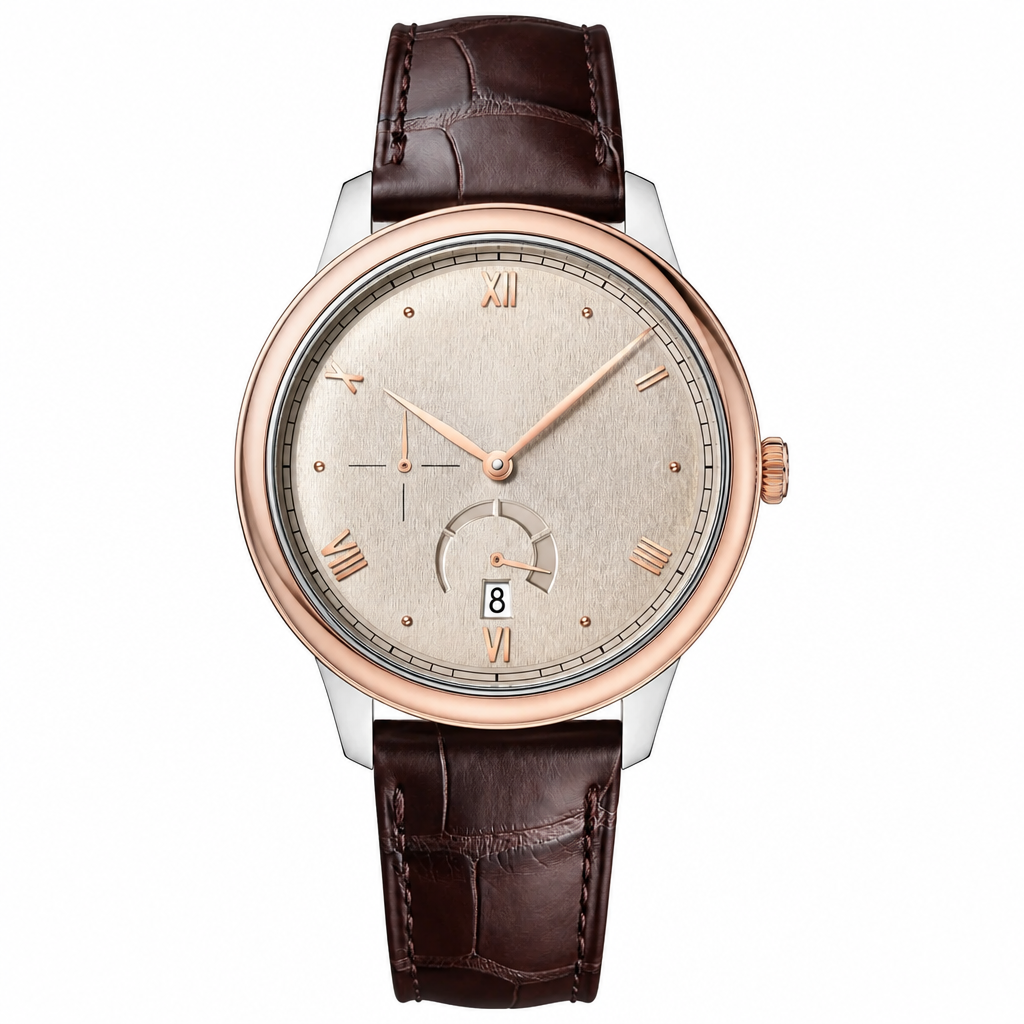 Two-tone dress watch with rose gold bezel, silver dial, and brown leather strap on a white background