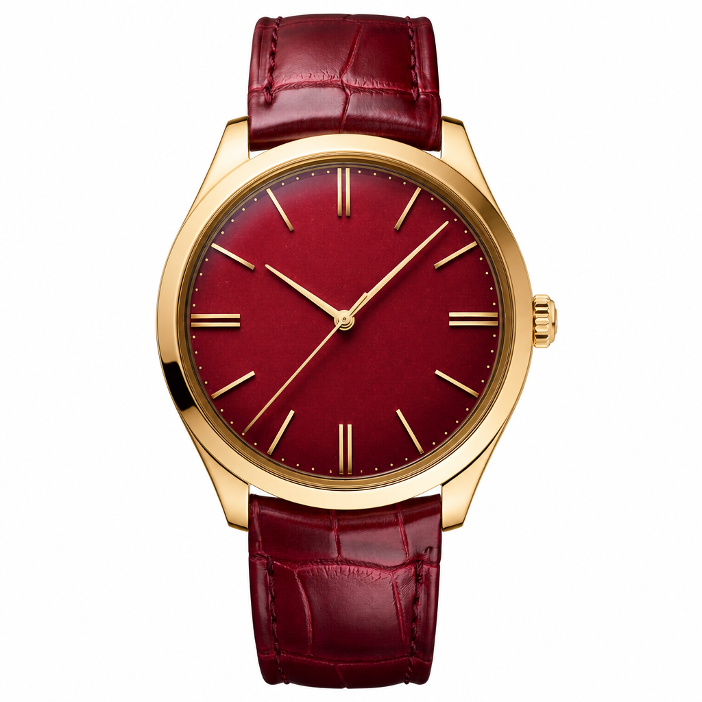 Gold-tone dress watch with red dial and matching red leather strap on white background