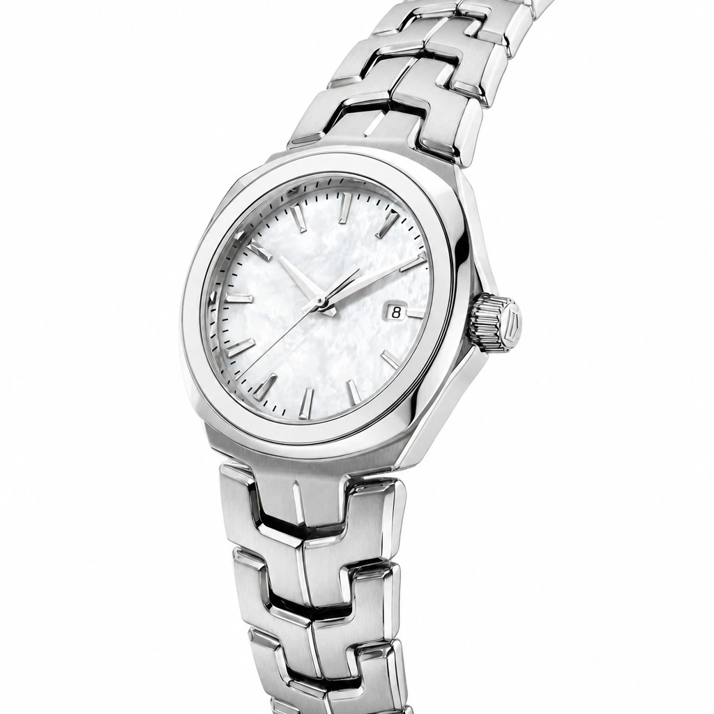 Silver metal dress watch with white dial and date display on white background
