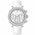 Women's dress chronograph watch with white mother-of-pearl dial, crystal bezel, and white leather strap