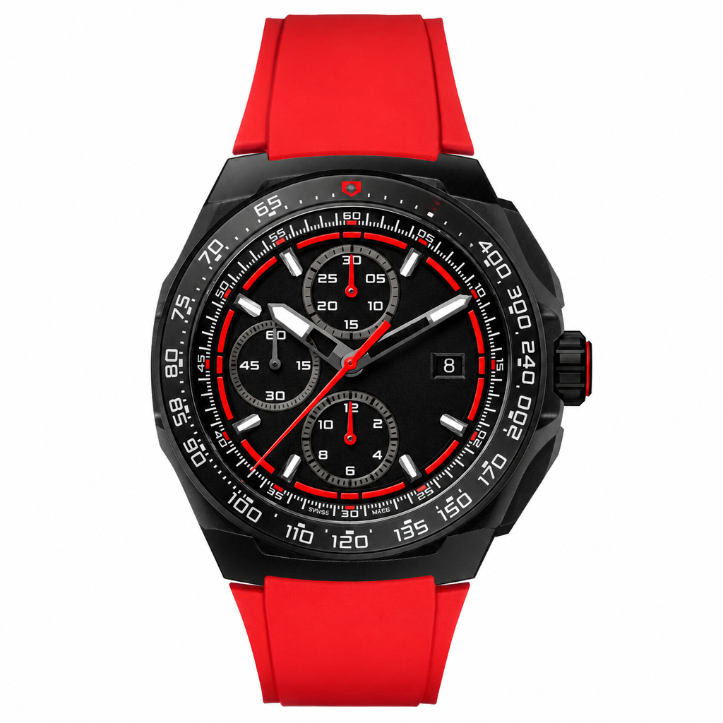 Sport watch with black case, black dial, and red rubber strap, front view