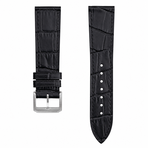 Black embossed leather watch strap with silver buckle on white background