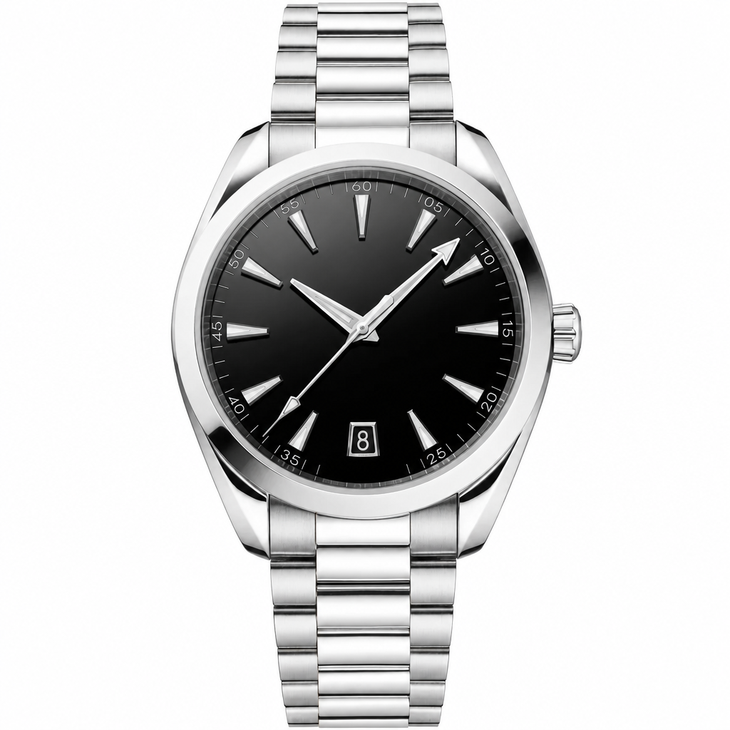 Classic 41mm watch with black dial and stainless steel bracelet
