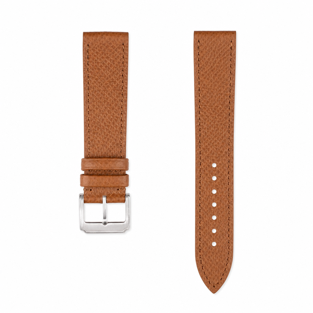 Medium Brown Leather Watch Strap with silver buckle on white background