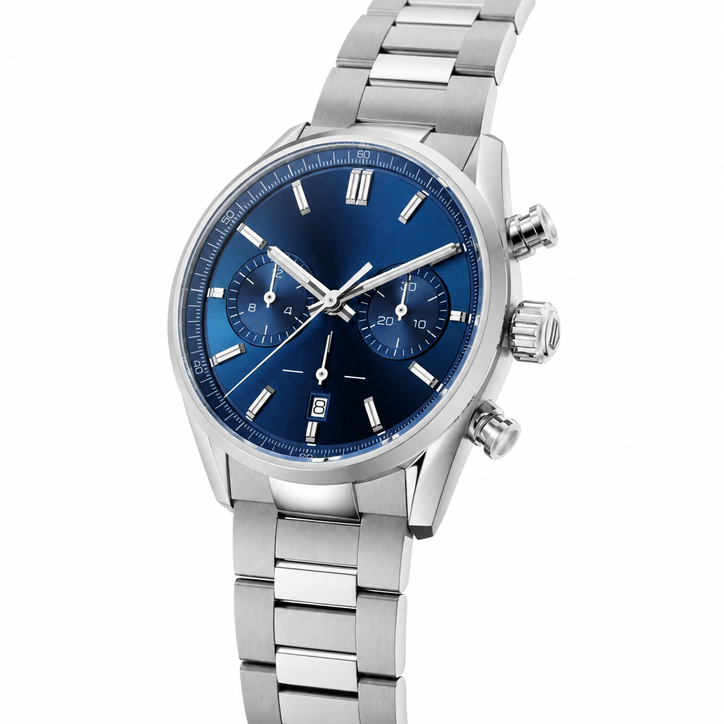 Chronograph watch with blue dial and stainless steel bracelet on white background
