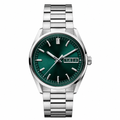 Watch with green dial and silver metal bracelet on white background product photo