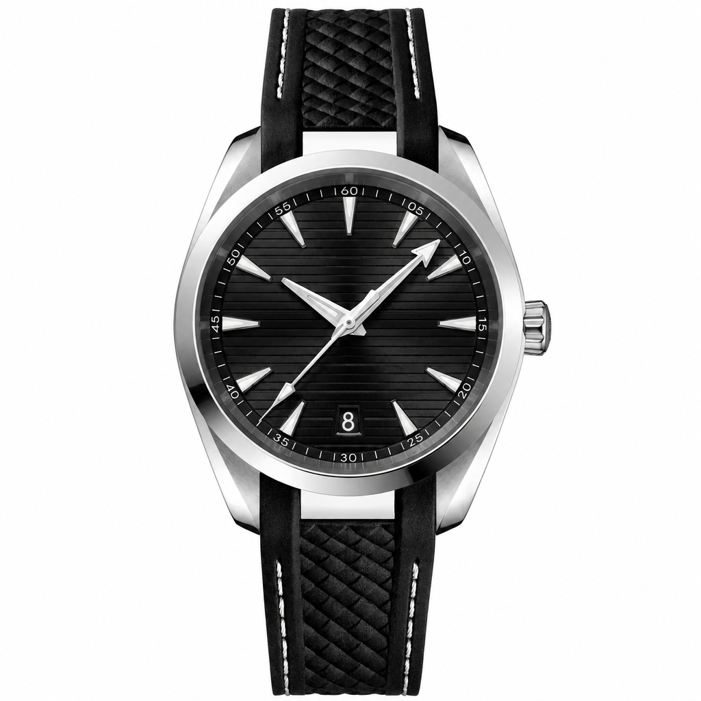 Casual watch with black dial and black textured leather-style strap