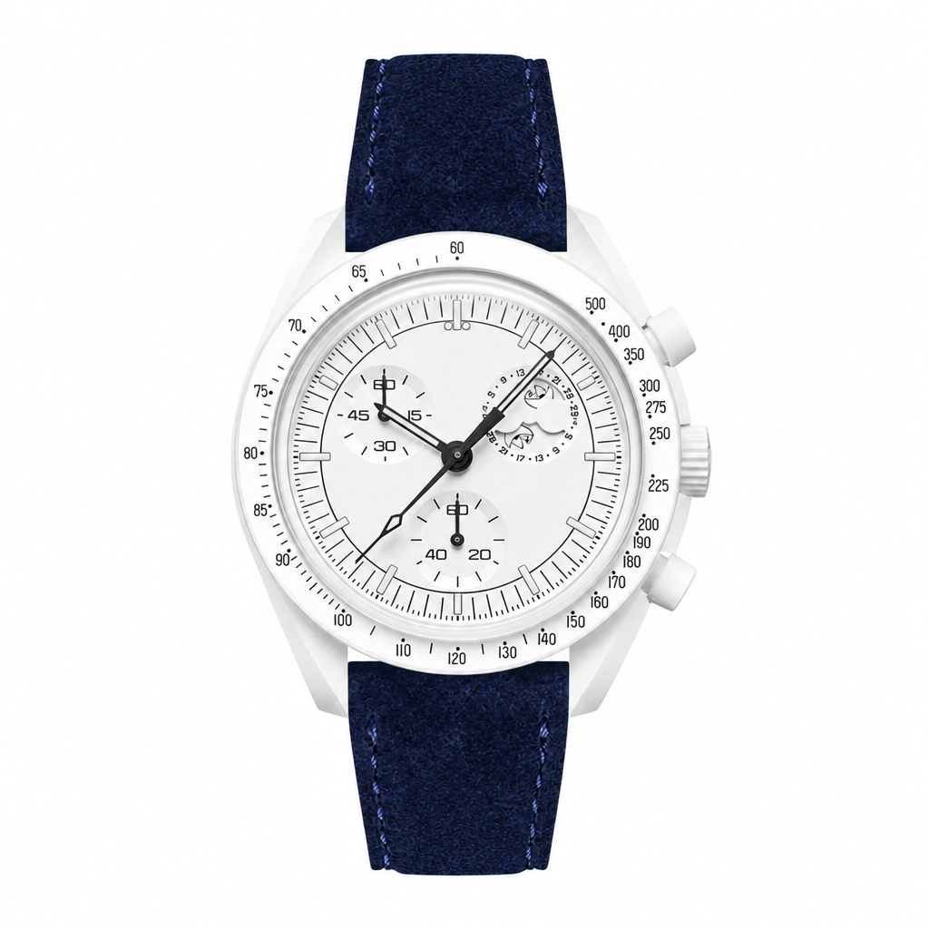 White dial dress watch with dark blue suede strap on white background