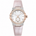 Women's dress watch with rose gold and steel case, mother-of-pearl dial, and pink leather strap