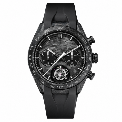 Black carbon fiber sport chronograph watch with black rubber strap on white background