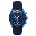 Blue chronograph wristwatch with blue suede strap on white background