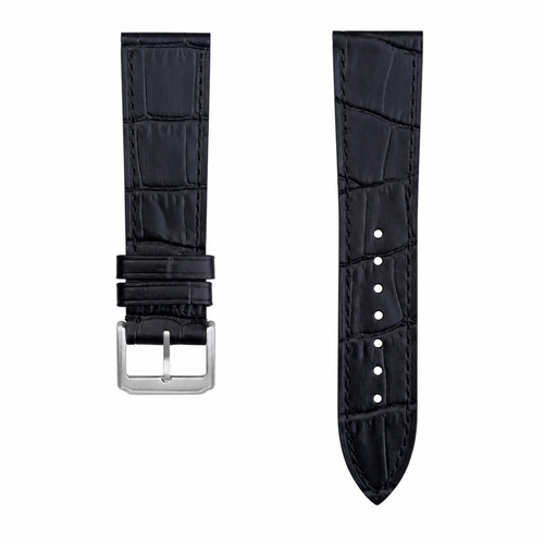 Black embossed leather watch strap with stainless steel buckle on white background