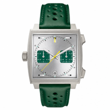 Square Silver-Tone Chronograph Watch with Green Leather Strap