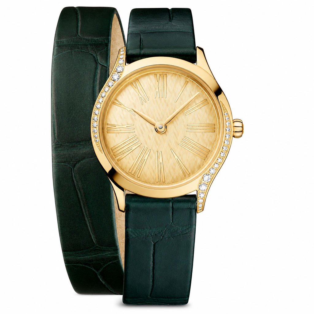 Women's dress watch with gold-tone case, crystal accents, gold dial, and dark green leather strap on white background
