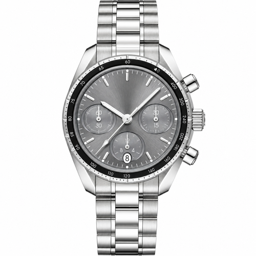38mm sport chronograph watch with gray dial and silver metal bracelet