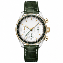 38mm Chronograph Watch with Silver Dial and Green Leather Strap
