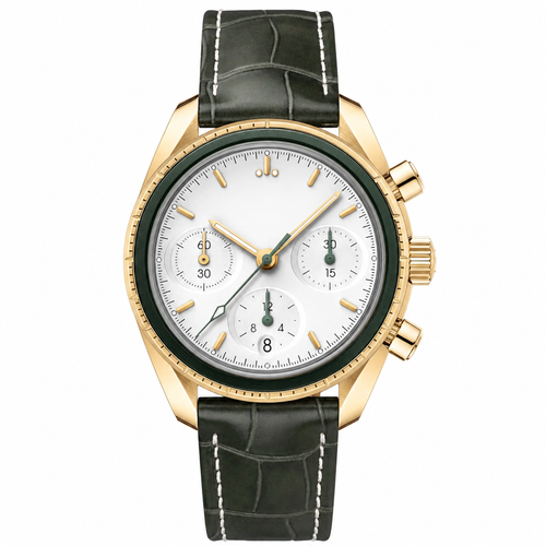 38mm sport chronograph watch with gold-tone case, white dial, and dark green leather strap