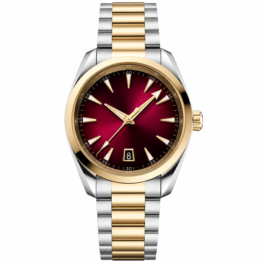 Two-tone metal dress watch with 38mm case and red dial