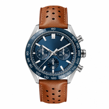 Chronograph Watch with Blue Dial and Brown Leather Strap