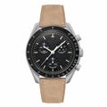 Chronograph watch with black dial, silver case, and beige suede strap on white background