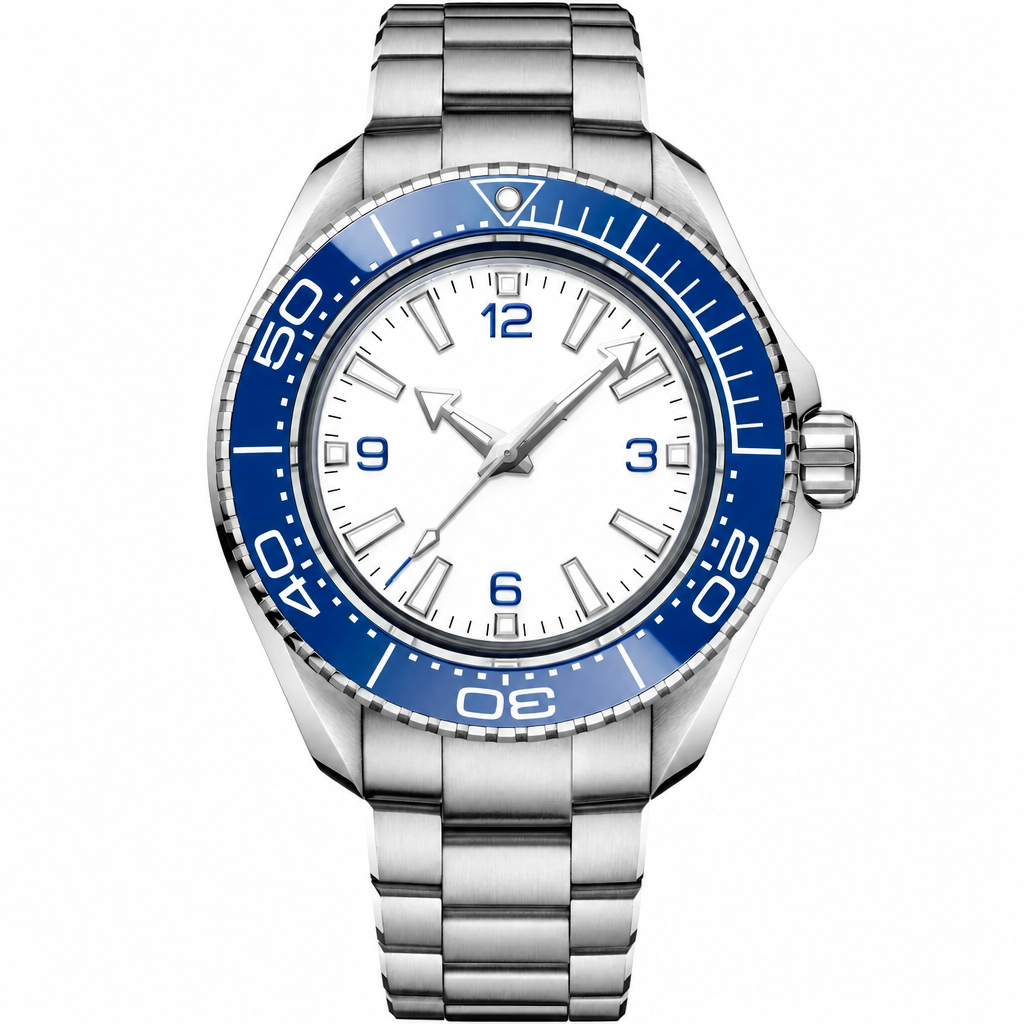 Sport Diver Watch with White Dial and Blue Bezel 45.5mm on stainless steel bracelet