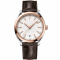 41mm dress watch with white dial, rose gold-tone bezel, and brown leather strap