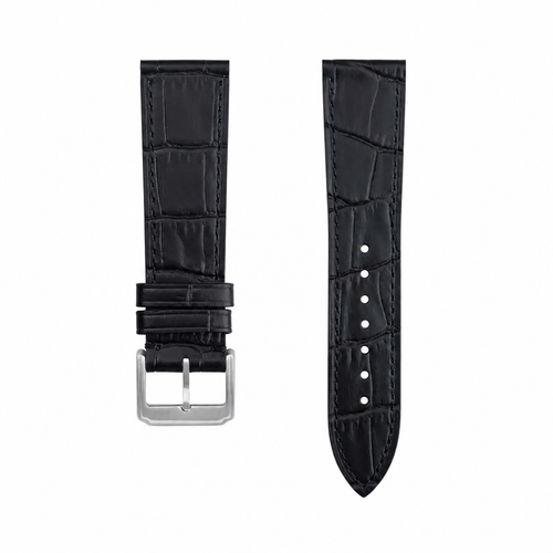 Black embossed leather watch strap 21mm on white background