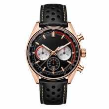 Rose Gold Tone Chronograph Watch with Black Leather Strap