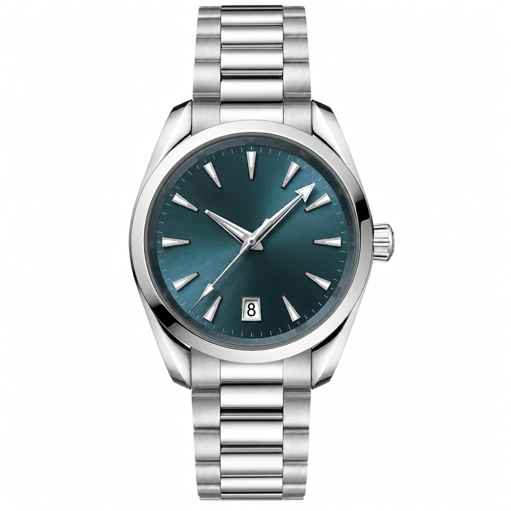 classic stainless steel watch with blue dial and date window