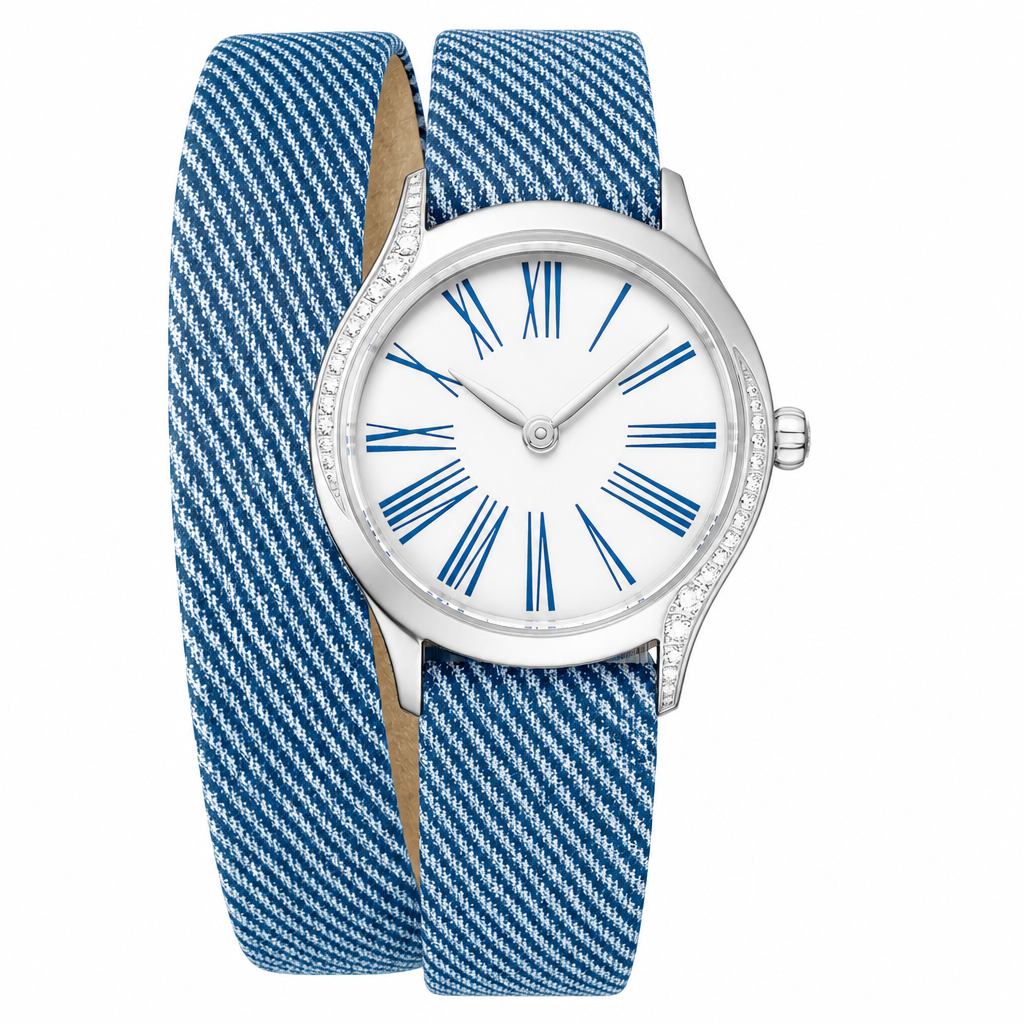 Women's watch with silver-tone case, white dial with blue Roman numerals, and blue patterned fabric strap