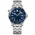 Sport diver watch with blue dial and stainless steel bracelet on white background