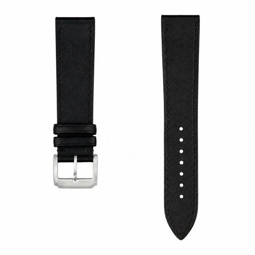 Black leather watch strap with silver buckle, 21mm width