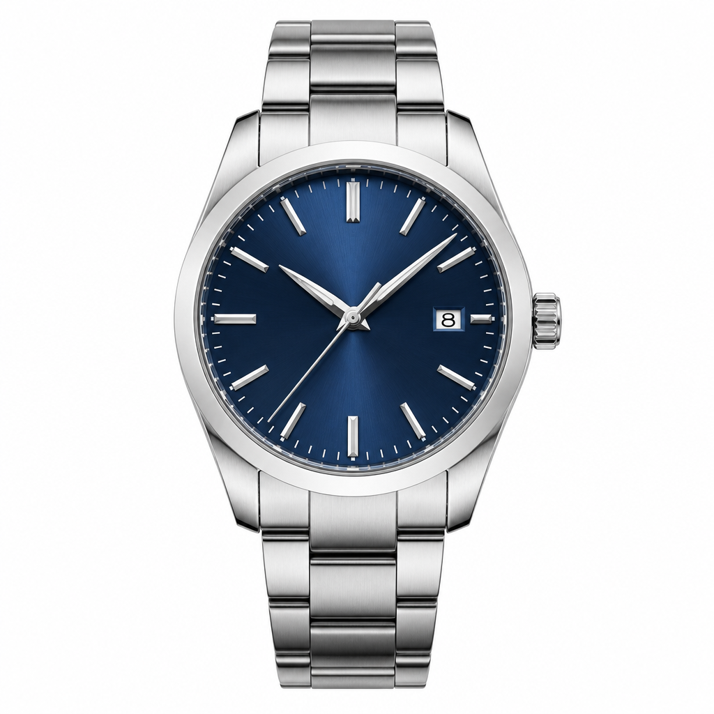 Stainless steel dress watch with blue dial and metal bracelet 42mm