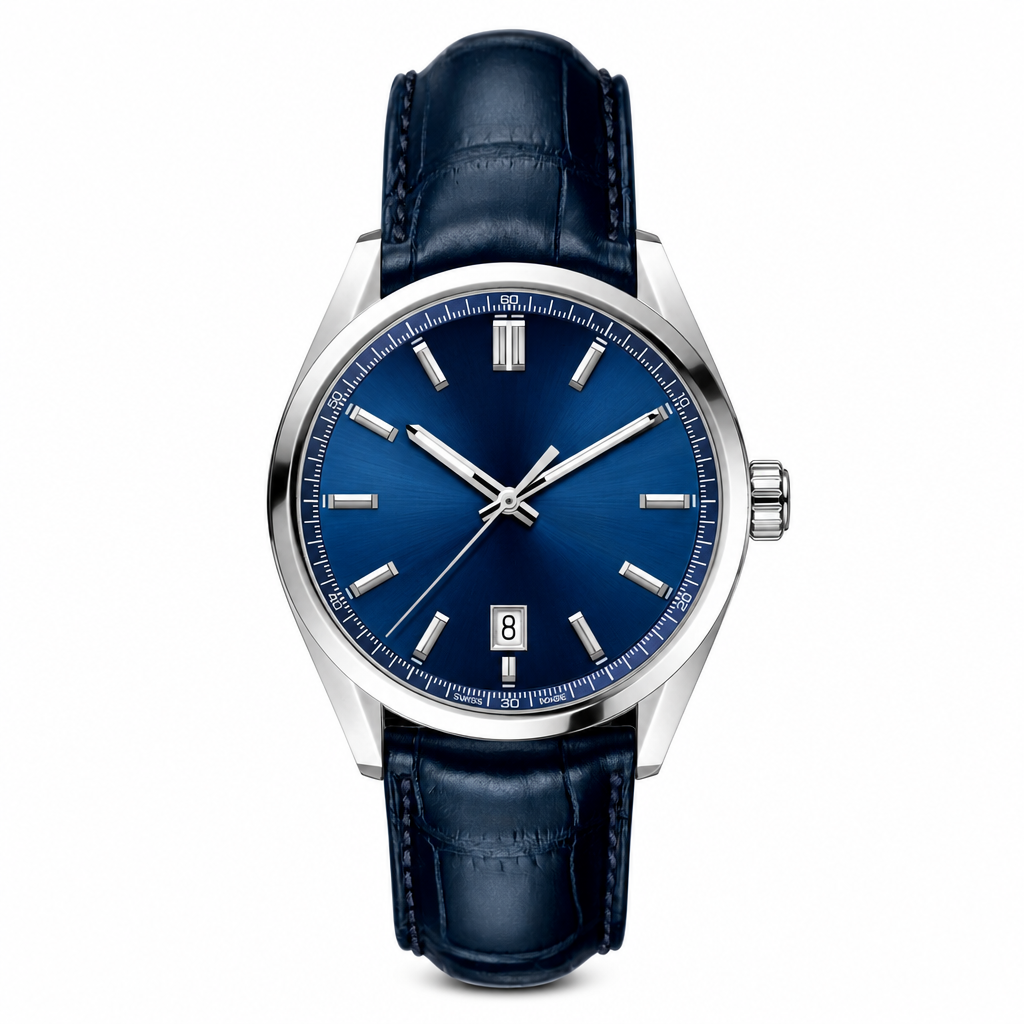 Dress watch with blue dial and blue leather strap on white background