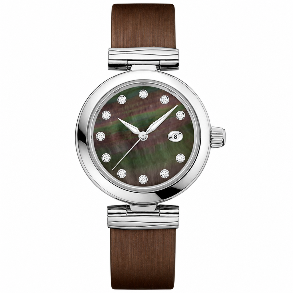 34mm dress watch with dark mother-of-pearl dial and brown leather strap on white background