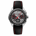 Sport chronograph watch with black textile strap and red stitching on white background