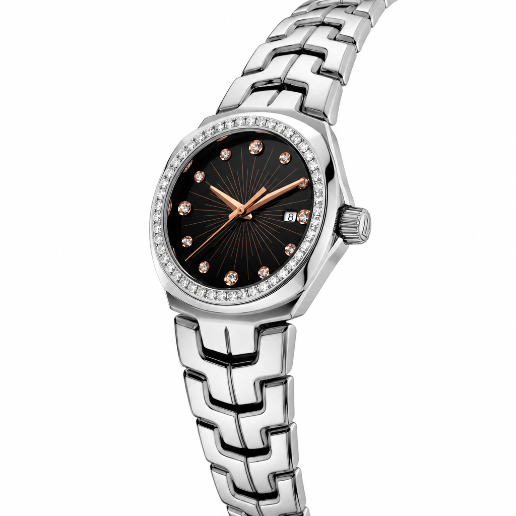 Women's dress watch with black dial, crystal hour markers, and silver-tone metal bracelet