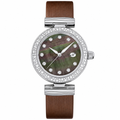 Women's dress watch with silver case, dark dial, and brown leather strap